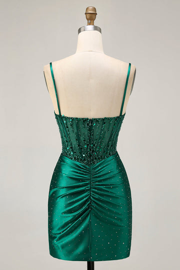 Dark Green Bodycon Corset Sequins Satin Cocktail Dress